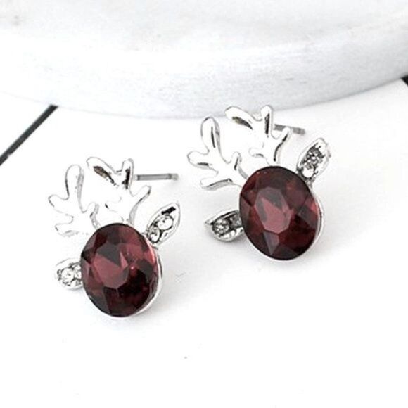 Reindeer Burgundy Crystal Holiday Earrings Silver New - Picture 2 of 2
